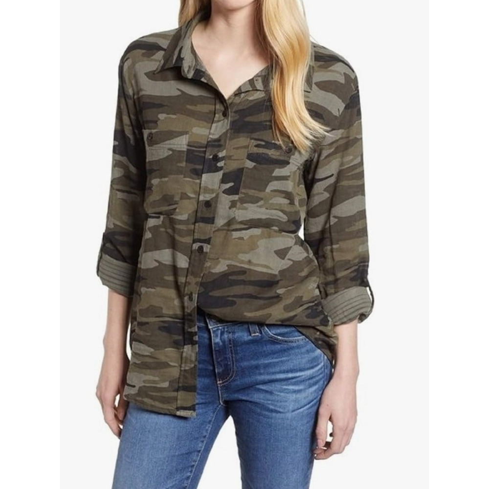 Sanctuary‎ Camouflage Boyfriend Long Roll Tab Sleeve Snap Front Shirt Women Sz L